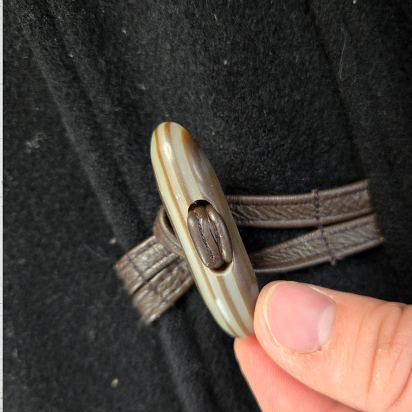 90s Vintage Black Wool Blend Toggle Closure Leather Trim Overcoat Size Medium - Picture 5 of 13